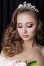 Gentle portrait of a beautiful cute happy bride with a beautiful hairdo festive bright make-up in a wedding dress with earrings an