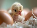 Gentle poult nestled among eggs, with a curious look in a soft-lit hatchery