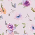 Gentle Purple Watercolor Roses Floral Seamless Pattern