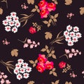 Gentle seamless floral pattern with bouquets of white daisies and red roses, bell flowers and leaves of viburnum. Vector Royalty Free Stock Photo