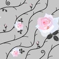 Gentle seamless pattern with abstract branches and beautiful pink rose flowers on grey background in vector. Print for fabric