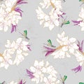 Gentle seamless pattern in pastel colors. Large flowers with dragonflies on a pink background for fabric, bedding and dresses