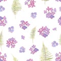 Gentle seamless pattern with pink hydrangea and fern. Romantic garden flowers.