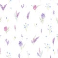 Gentle seamless pattern with pink and purple hydrangea and forget me not flowers. Romantic garden flowers.