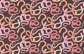 Gentle seamless pattern with pink and yellow snakes. Vector texture with cartoon serpents in pastel colors on gray background.