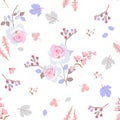 Gentle seamless pattern with stylized leaves of dandelion, clover, viburbum, branches of spirea, pink roses and bell flowers