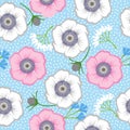 Gentle seamless polka dot pattern with flowers. Cute simple floral ornament.