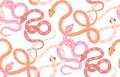 Gentle seamless vector pattern with pink and yellow snakes. Texture with cartoon serpents in pastel colors on white background.