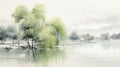 Delicate Watercolor Landscape: Asian Lake With Trees In Uhd