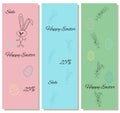 Gentle set of discount coupons with cute contour black rabbits. Green, pink and blue colors. Flags, certificates, flyers or