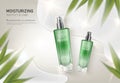 Gentle skincare glass bottle green leaves cosmetic ads, pump bottle product lying on water surface background in top view angle