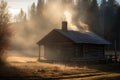 Gentle Smoke Drifts Lazily From Rustic Cabins Chimney. Generative AI