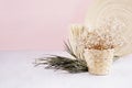 Gentle spring vanilla background with white dry flowers and green branches and bamboo dish on light table and pink wall. Royalty Free Stock Photo