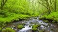Gentle stream flowing through a moss-covered forest.