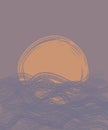 gentle sunset or dawn at sea. beautiful seascape in minimalist style. abstract orange sun and purple sea and waves on purple sky Royalty Free Stock Photo