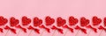 Gentle valentine`s day banner - sweet red lollipops hearts on pastel pink as seamless border, layout for header, design.