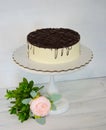 Gentle vanilla bird milk cake with chocolate glaze for anniversary