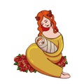 Gentle vector cute young red-haired woman in a gold dress with a wreath lovingly watching her newborn baby sleeps