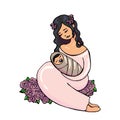 Gentle vector illustration of a cute young brunette in a pink dress with a wreath on head embracing her sleeping baby