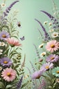 A gentle washes and fine brushstrokes, floral design pattern, lavender, mint gree, creating intricate wildflowers, elegant