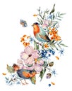 Gentle watercolor bouquet with pair of birds, pink, light blue flowers, blue and orange berries, twigs, leaves, buds Royalty Free Stock Photo