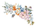 Gentle watercolor bouquet with pink, light blue flowers, blue and orange berries, twigs, leaves, buds