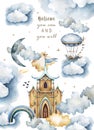 gentle watercolor castle with a rainbow, clouds, with cozy houses, forest, air balloon, kite, for greeting cards in