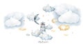 gentle watercolor lighthouse with rainbow, clouds, hot air balloon,moon, kite, for greeting cards in pastel colors