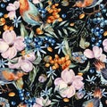 Gentle watercolor seamless pattern with pair of birds, pink, flowers, blue and orange berries Royalty Free Stock Photo