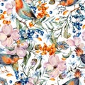 Gentle watercolor seamless pattern with pair of birds, pink, flowers, blue and orange berries Royalty Free Stock Photo