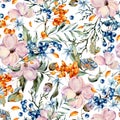 Gentle watercolor seamless pattern with pink, flowers, blue and orange berries