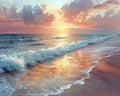 Gentle waves lapping at a sandy beach under a pastel sunset