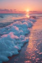 Gentle waves lapping at a sandy beach under a pastel sunset