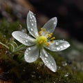 Gentle White Flower, Clear Water Drops on Small Mountain Blossom Closeup, Abstract Generative AI