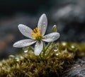 Gentle White Flower, Clear Water Drops on Small Mountain Blossom Closeup, Abstract Generative AI