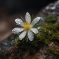 Gentle White Flower, Clear Water Drops on Small Mountain Blossom Closeup, Abstract Generative AI Royalty Free Stock Photo