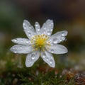 Gentle White Flower, Clear Water Drops on Small Mountain Blossom Closeup, Abstract Generative AI