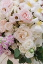 Gentle white, pink fresh wedding flowers. A large bouquet of fresh colors of light on the groom and bride `s table Royalty Free Stock Photo