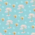 Watercolor Trees and bushes in the dream Snowflakes seamless pattern light blue background pattern Christmas pattern Chute pattern Royalty Free Stock Photo