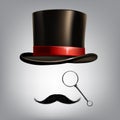 Gentleman accessories: hat cylinder, monocle and moustache. Vector illustration.