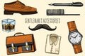 Gentleman accessories. hipster or businessman, victorian era. engraved hand drawn vintage. brogues and fountain pen Royalty Free Stock Photo