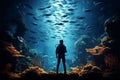 Gentleman admires fish filled aquarium, a mesmerizing underwater spectacle