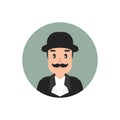 Gentleman avatar in green circle. Man`s head with moustache and bowler hat