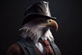 Gentleman, boss bald eagle in hat, suit and tie. Banner header. AI generated