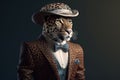 Gentleman, the boss is a formidable spotted leopard in a hat, suit and tie. Banner header. AI generated