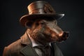 Gentleman, boss wild boar, pig in hat, suit and tie. Banner header. AI generated