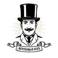 Gentleman club. Man head in vintage hat. Design element for logo, label, emblem, sign, poster, label.