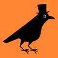 Gentleman crow, blackbird with top hat. Cute raven illustration on orange blackground