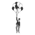 Gentleman fly on air balloons sketch engraving