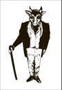 Gentleman in a frock coat, waistcoat, gloves and a cane with a bull's head graphic hand drawn illustration